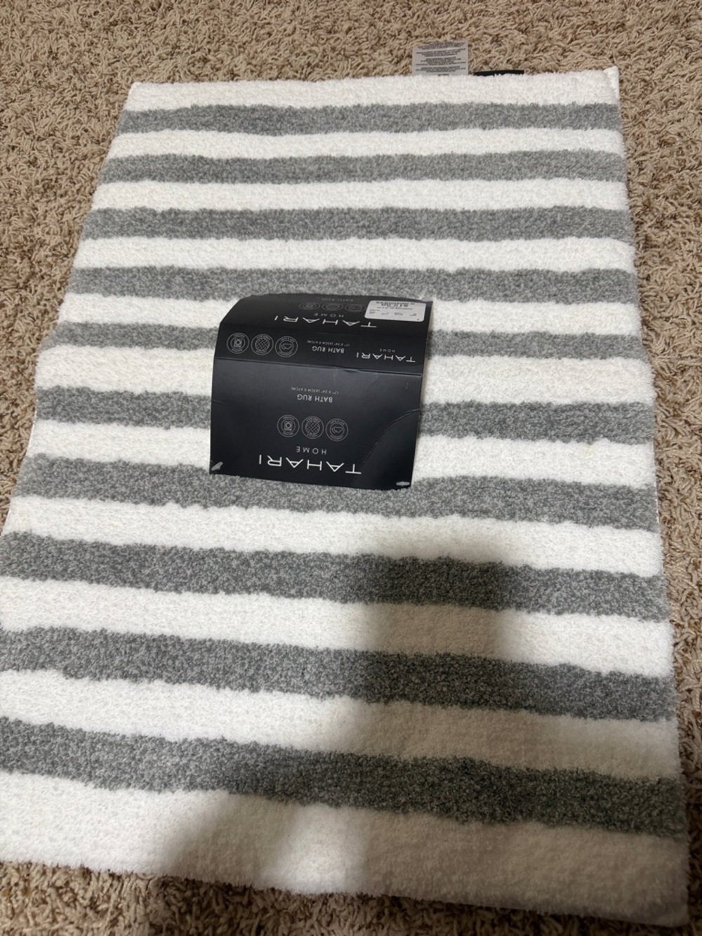 Tahari White and Gray Striped Plush Bath Rug
